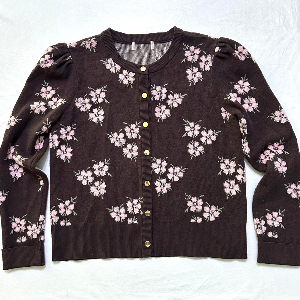 Floral Cardigan Sweater Puff Sleeve M Brown Pink Gold Button Coquette Romantic
